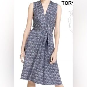Tory Burch 100% Silk Wrap Dress Peacock Feather Print Sleeveless Purple Blue S